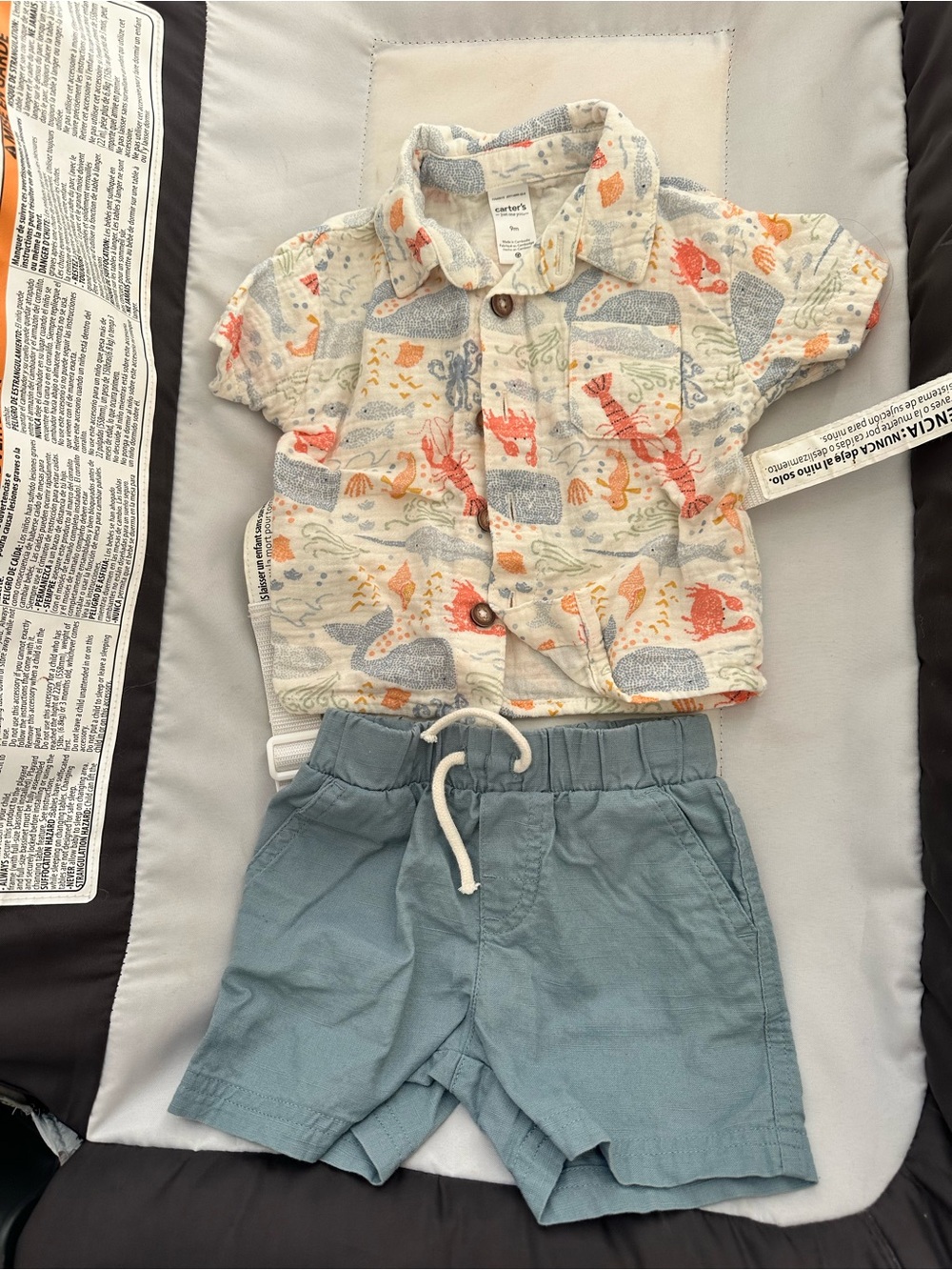 Baby boy Ocean Print Button-Up Shirt & Blue Shorts Set size 9 months
